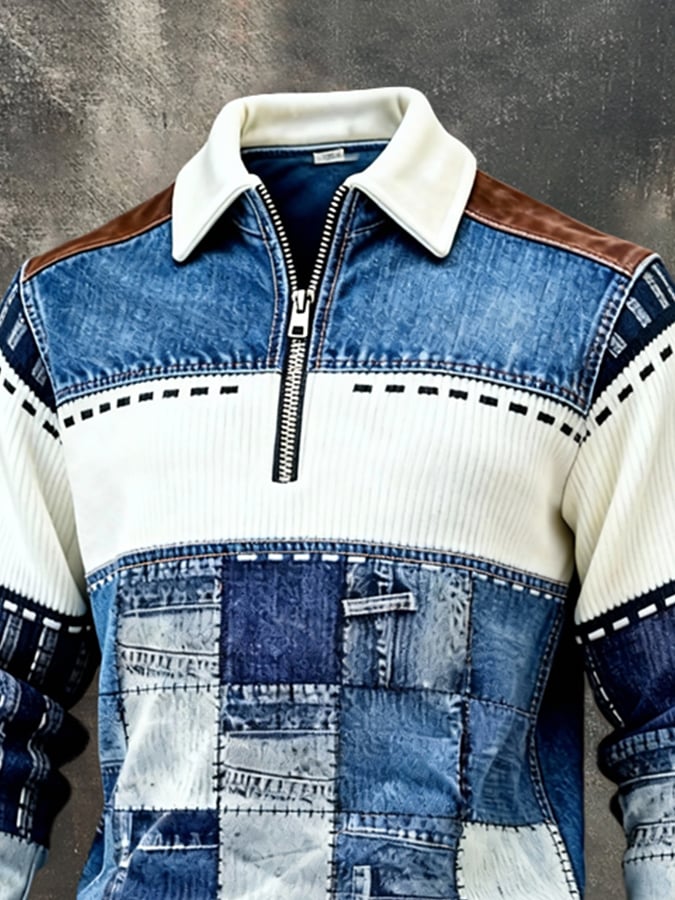 Men's Retro Color Block Print Color-Blocked Zip-Up Sweatshirt