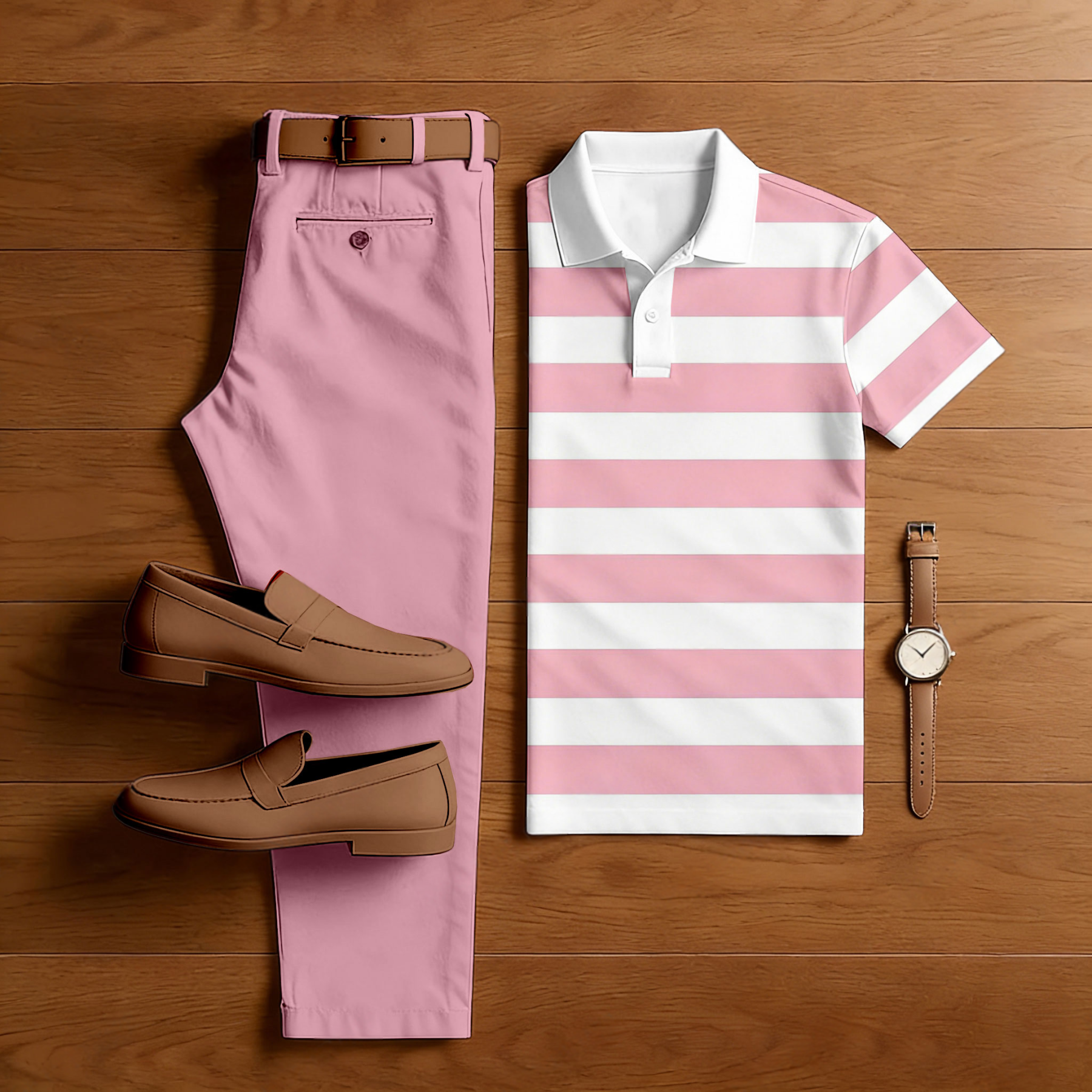 Men's Casual Pink & White Color Matching Striped Printed Short Sleeved Polo Shirt & Trousers Two-Piece Set