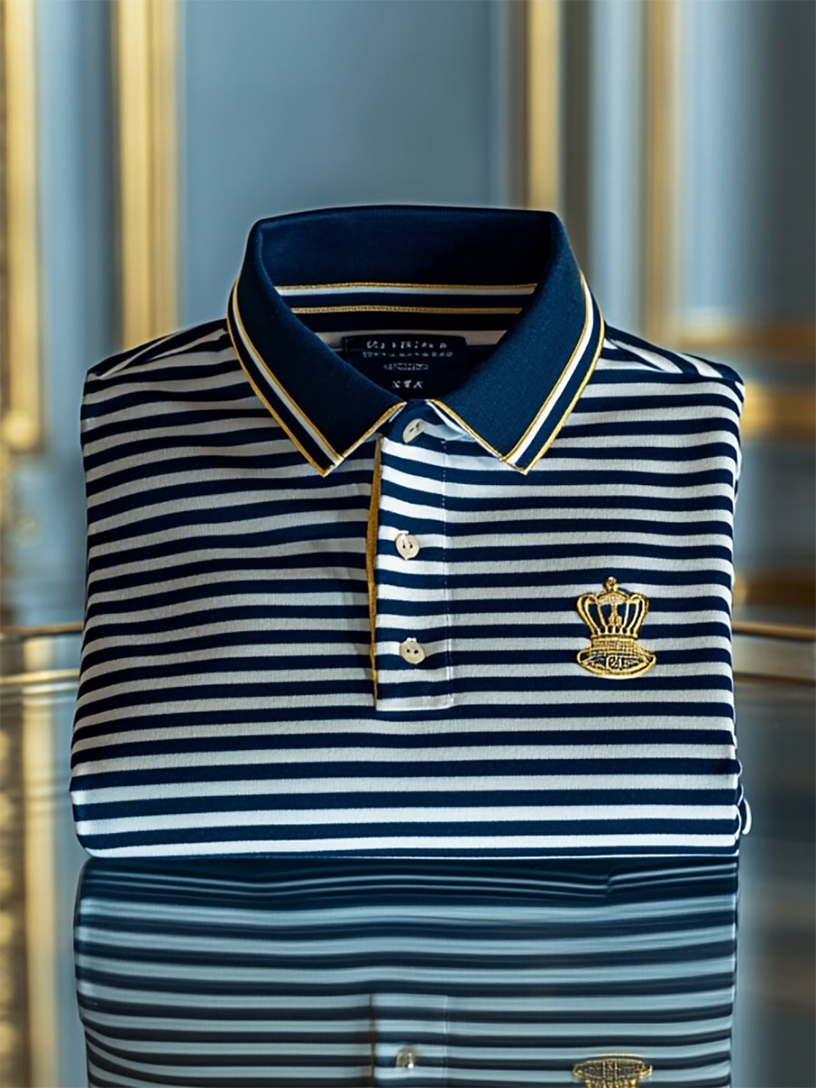 Men's Business Casual Striped Logo Button Short Sleeve Polo Shirt