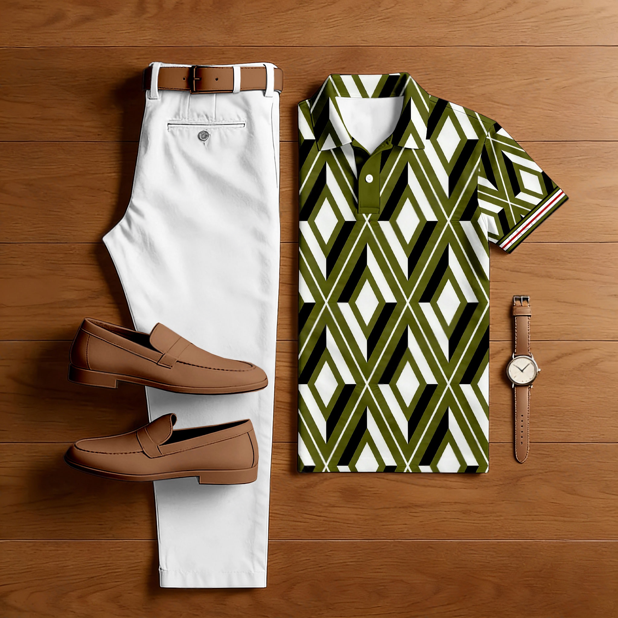 Men's Casual White & Green Color Matching Checkered Printed Short Sleeved Polo Shirt & Trousers Two-Piece Set