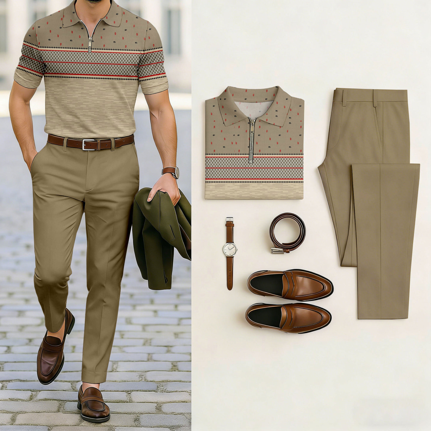 Men's Casual Brown Polka Dots Printed Polo Shirt And Trousers Two-Piece Set