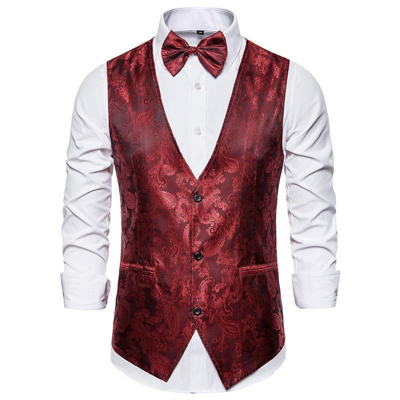 Mens Hipster Metallic Paisley Printed Single Breasted V-Neck Suit Vest/Tuxedo Waistcoat