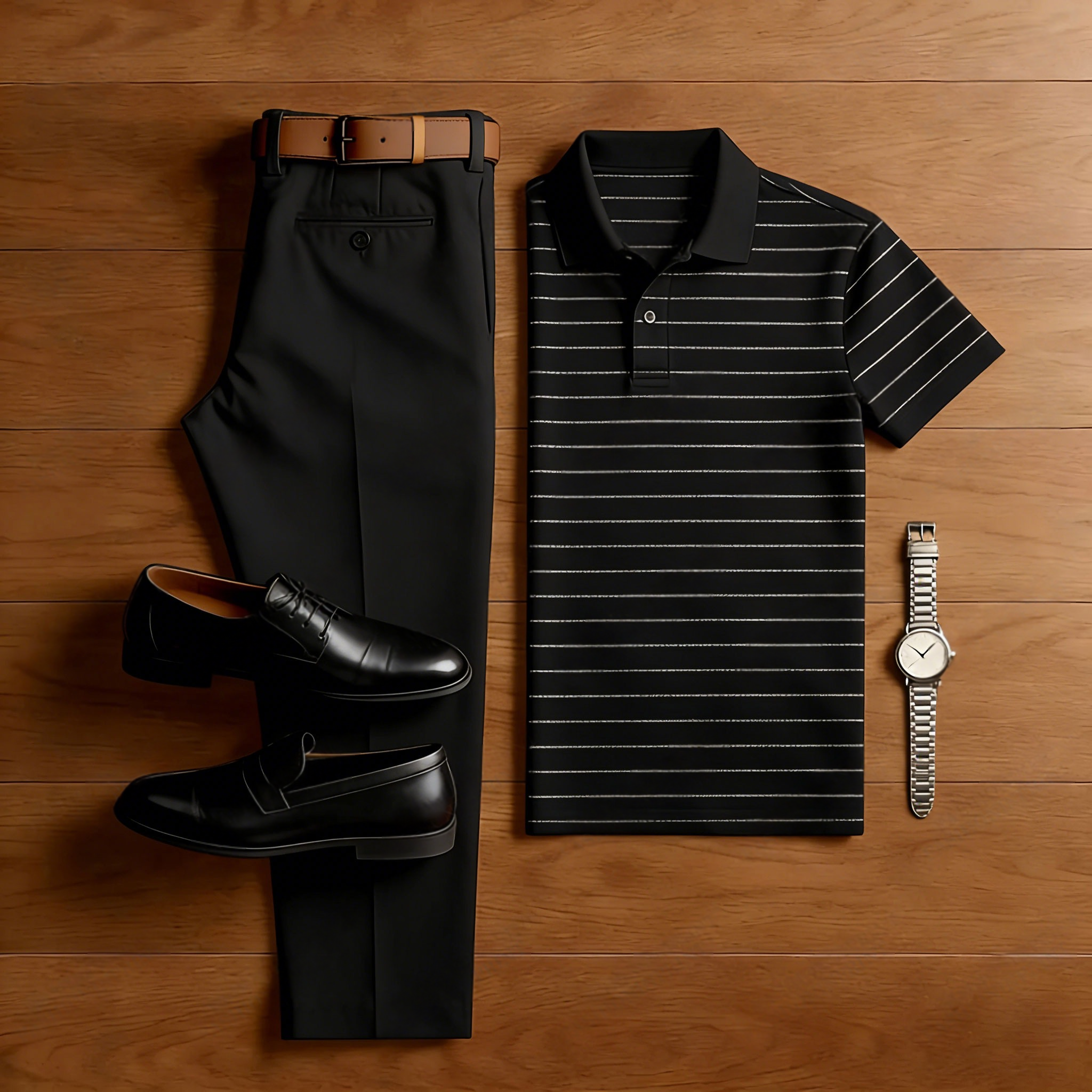 Men's Casual Black Striped Printed Polo Shirt And Trousers Two-Piece Set