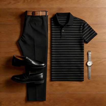 Men's Casual Black Striped Printed Polo Shirt And Trousers Two-Piece Set