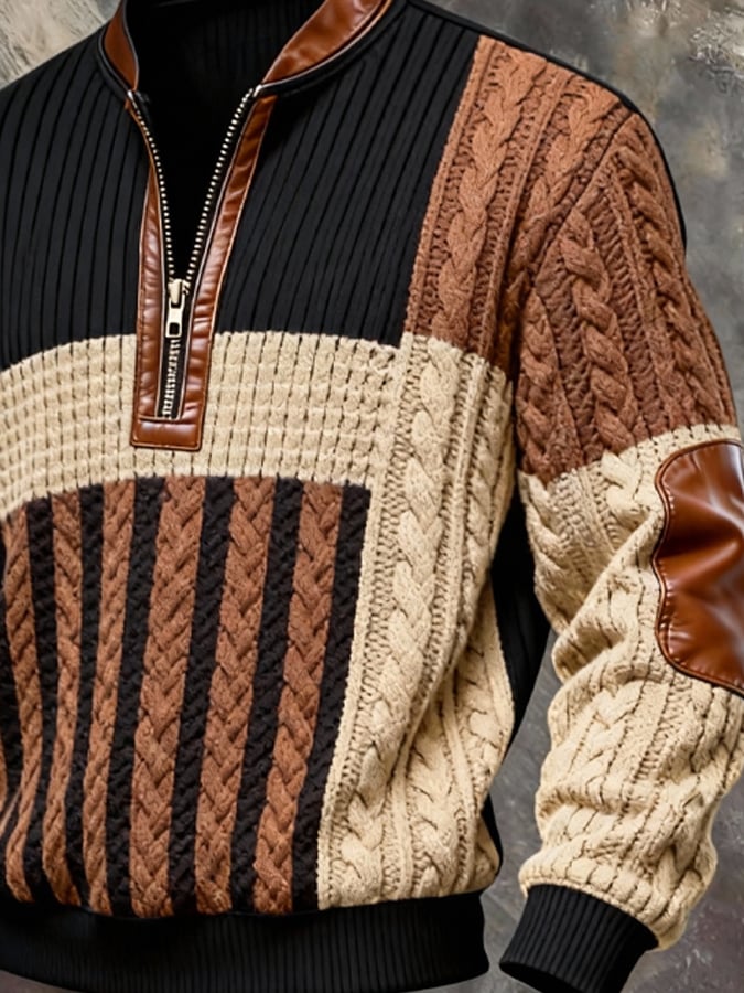 Men'S Casual Retro Contrast Color Half Zip Stand Collar Long Sleeve Sweatshirt