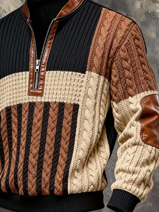 Men'S Casual Retro Contrast Color Half Zip Stand Collar Long Sleeve Sweatshirt