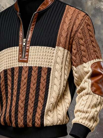 Men'S Casual Retro Contrast Color Half Zip Stand Collar Long Sleeve Sweatshirt