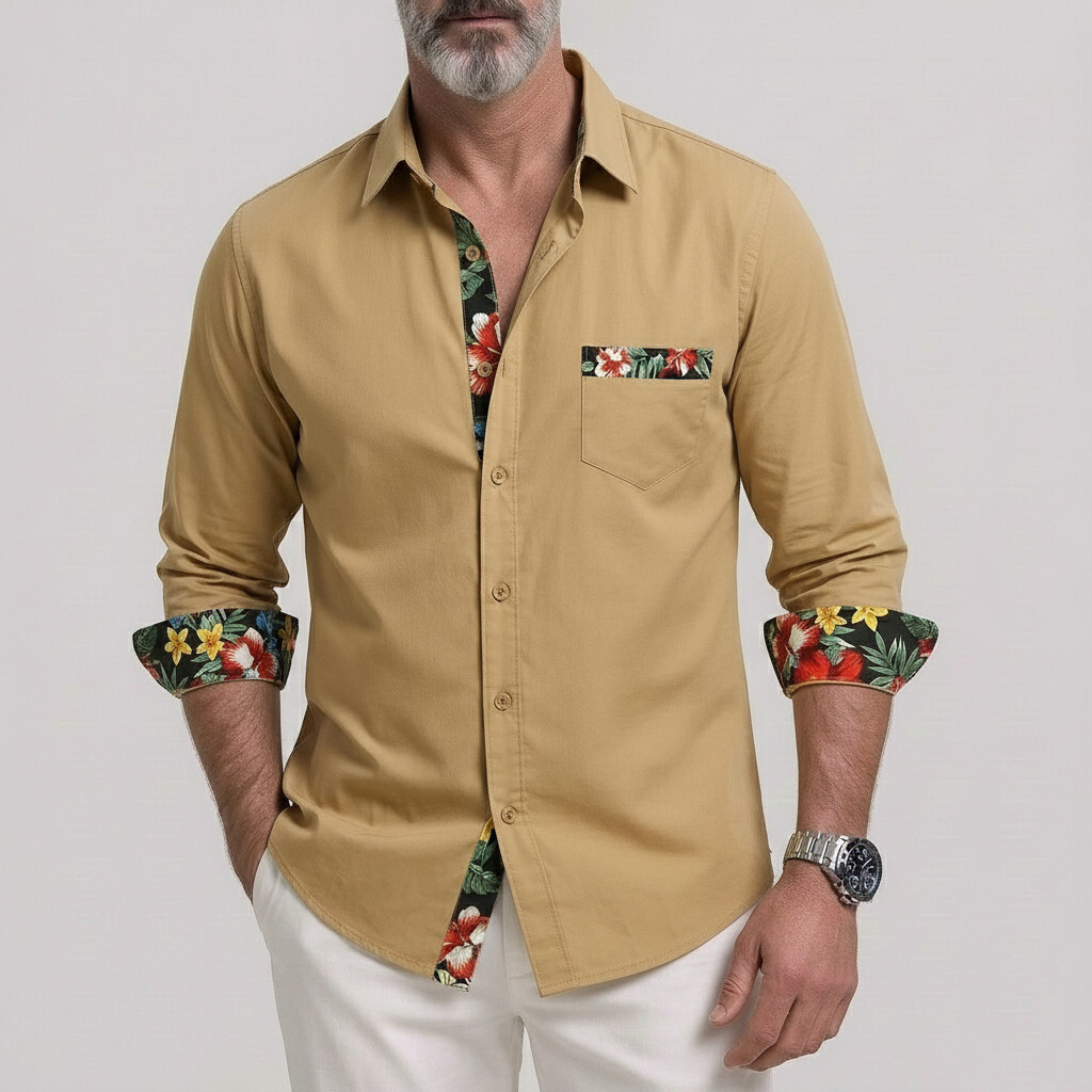 Men's Tropical Floral Print Contrast Trim Patch Pocket Vacation Long Sleeve Shirt
