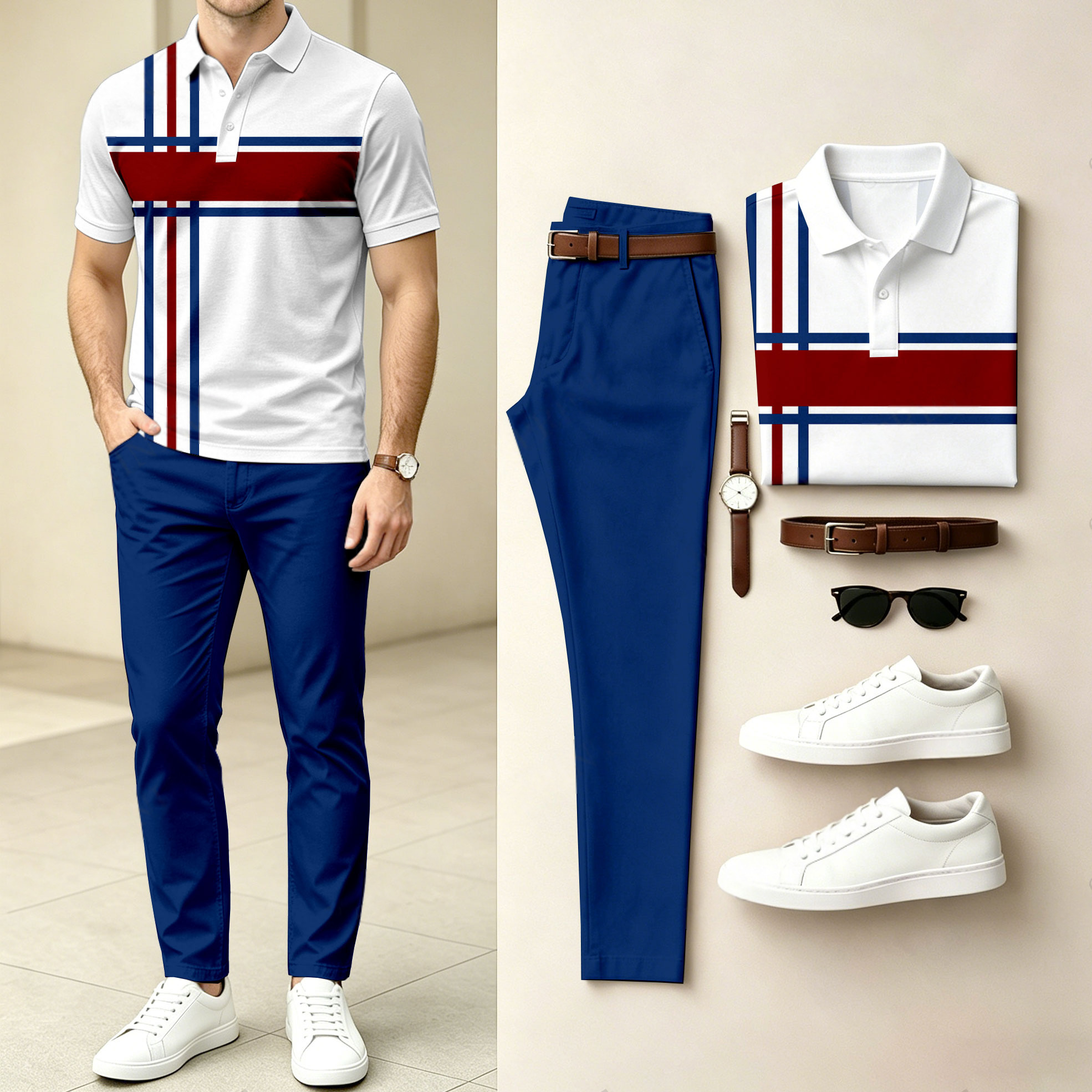 Men's Casual Horizontal And Vertical Striped Patchwork Print Short-Sleeve Polo Shirt And Pants Set (Excludes Accessories Such As Watches And Belts)