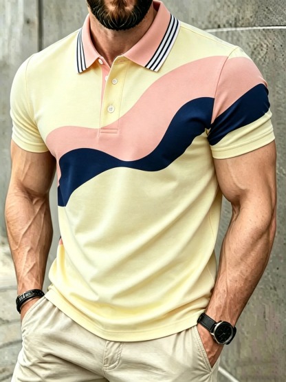 Men's Classic Business Irregular Contrast Button Short Sleeve Polo Shirt