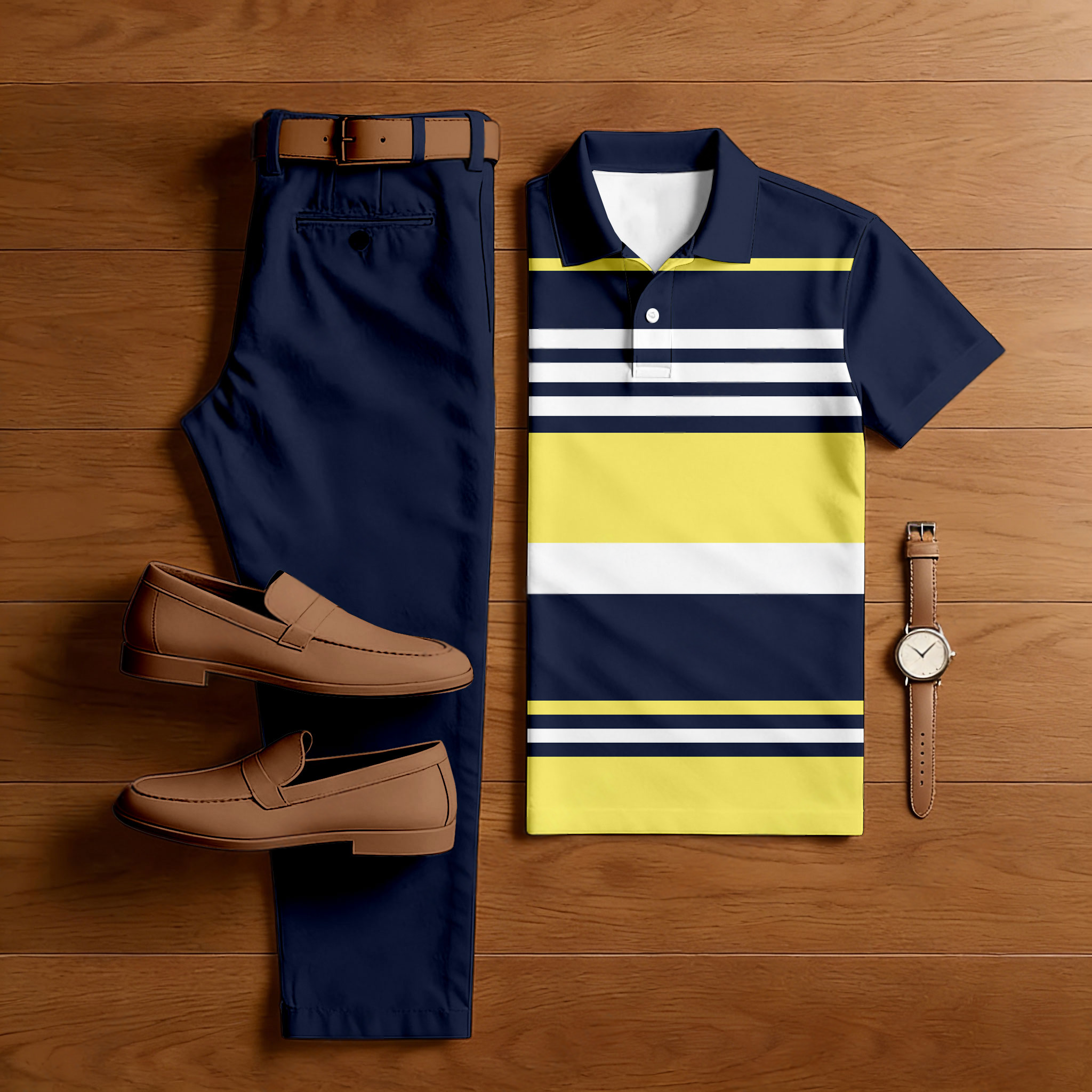 Men's Casual Navy Blue & Yellow Color Matching Striped Printed Short Sleeved Polo Shirt & Trousers Two-Piece Set