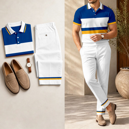 Men's Casual Royal Blue Geometric Printed Polo Shirt And Pants Two-Piece Set