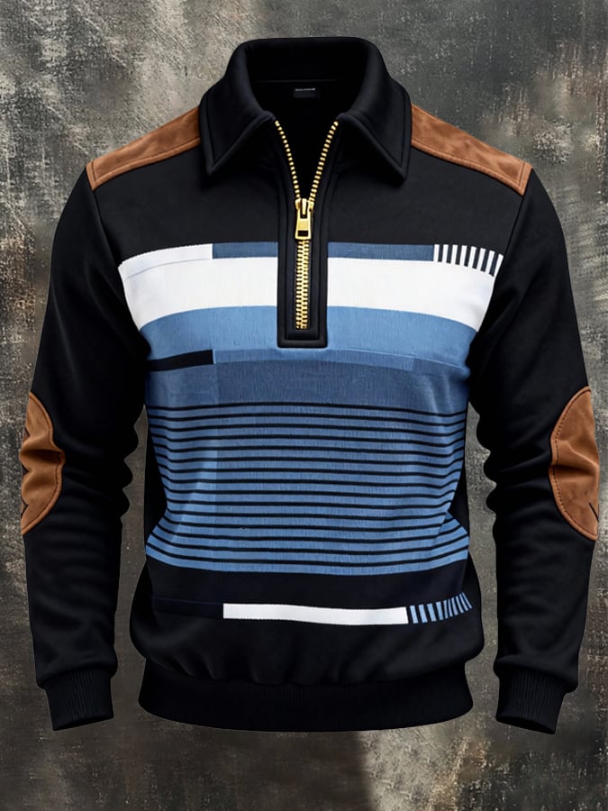 Men's Retro Color Block Print Zipper Sweatshirt