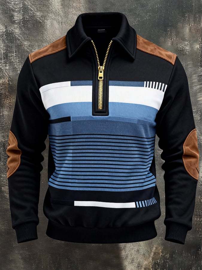 Men's Retro Color Block Print Zipper Sweatshirt