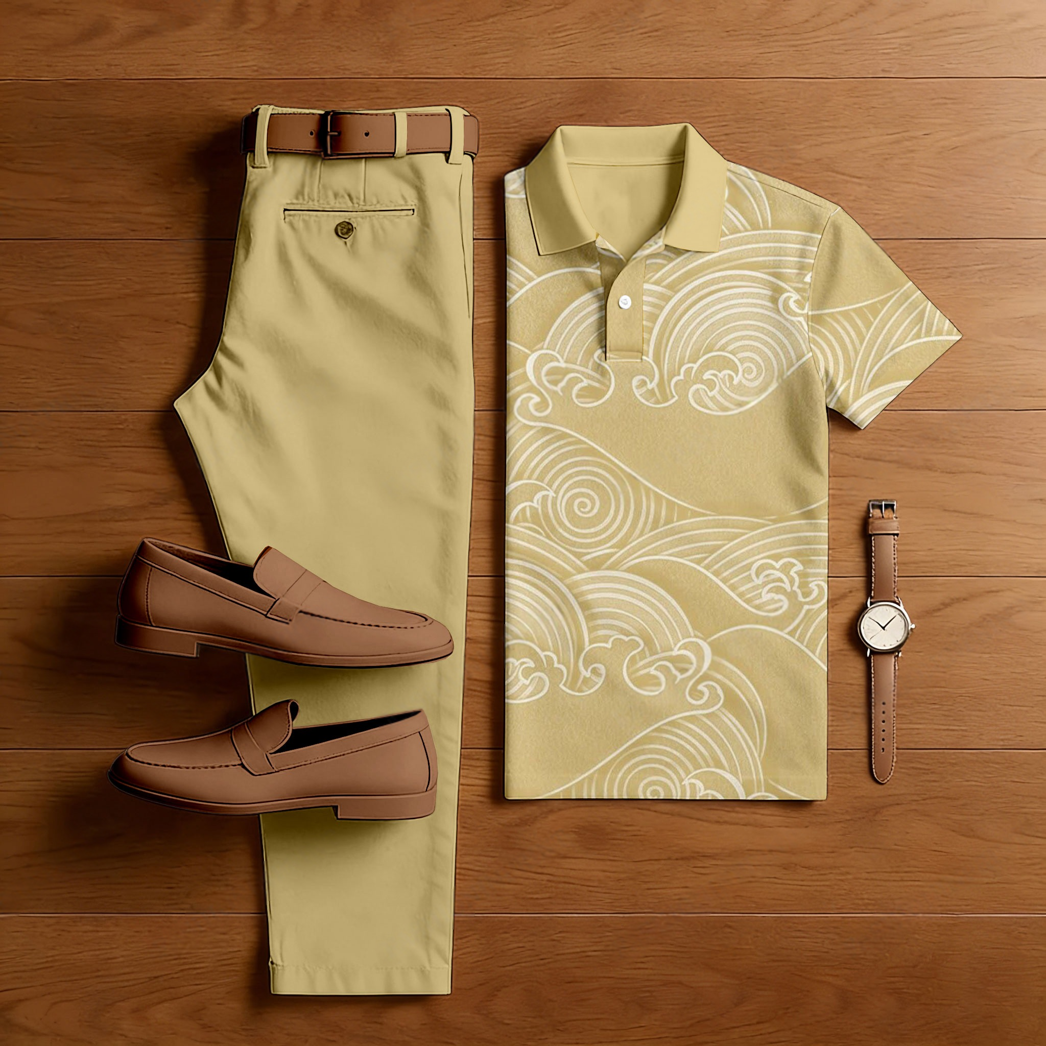 Men's Casual Apricot & White Patterned Printed Polo Shirt And Trousers Two-Piece Set