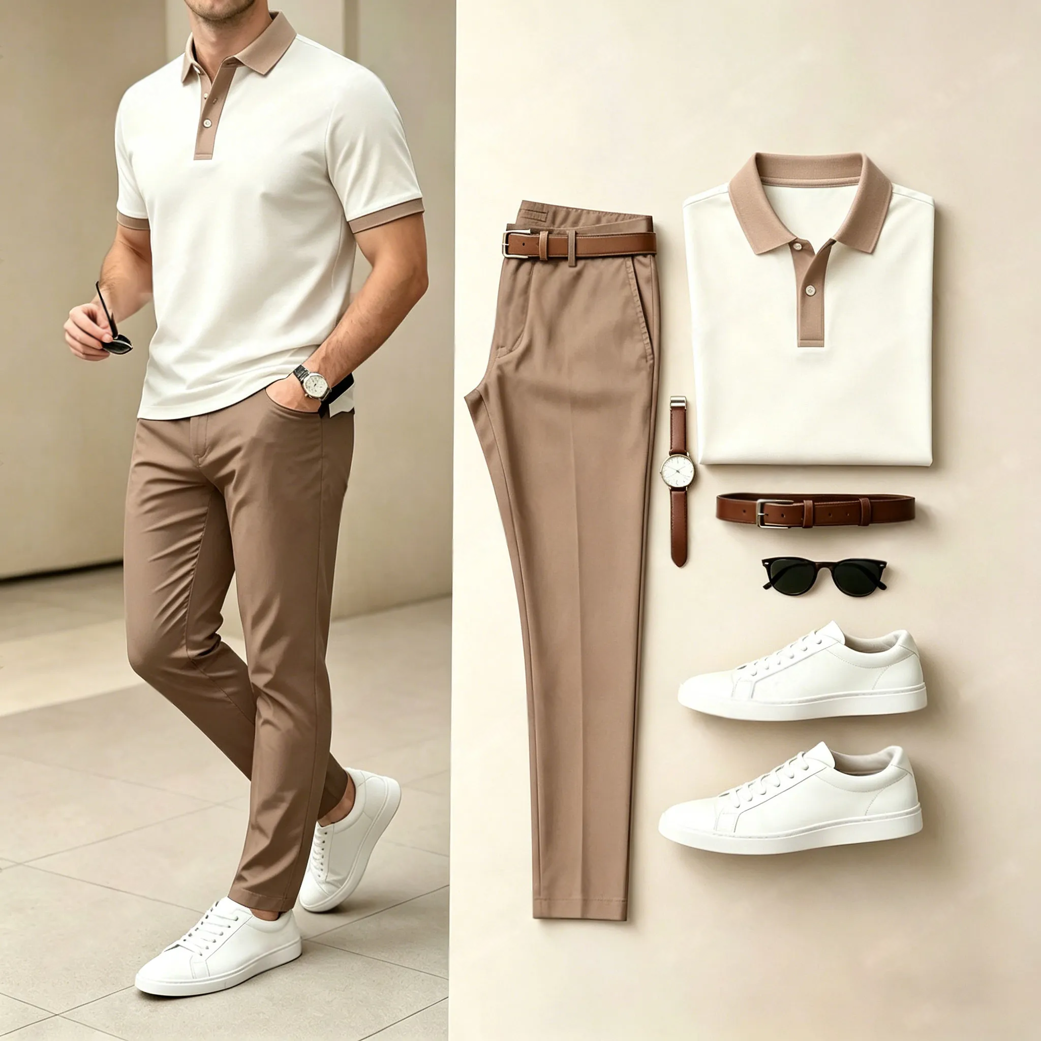 Men's Casual White Printed Polo Shirt And Pants Two-Piece Set