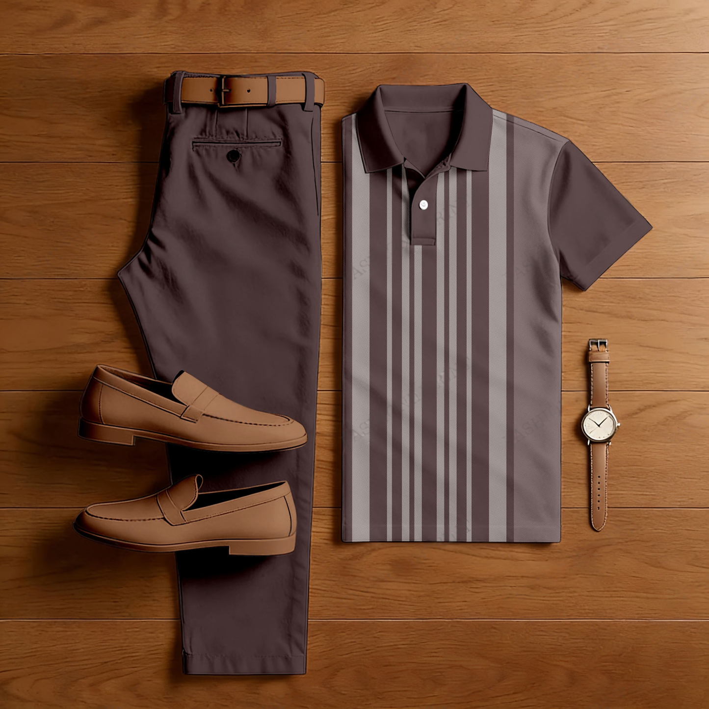 Men's Casual Red Brown & Gray Color Matching Striped Printed Short Sleeved Polo Shirt & Trousers Two-Piece Set