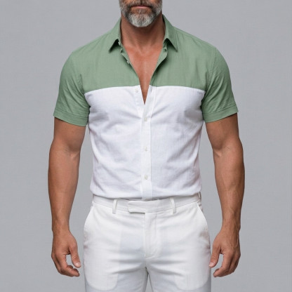 Men's Casual Colorblock Single Breasted Slim Fit Short Sleeve Shirt