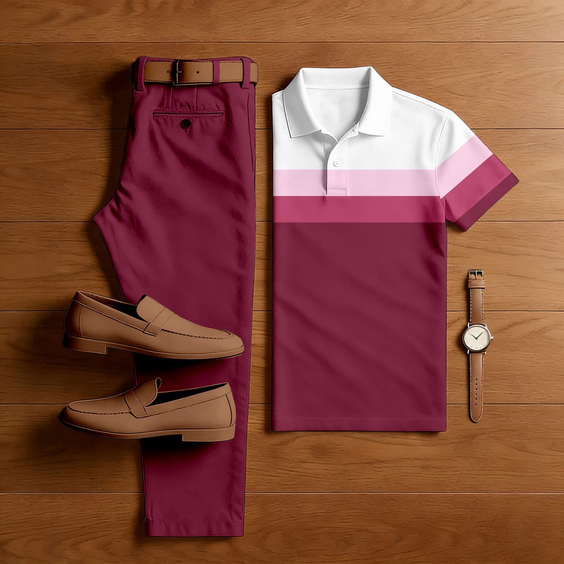 Men's Casual Hot Pink & White Color Matching Striped Printed Short Sleeved Polo Shirt & Trousers Two-Piece Set