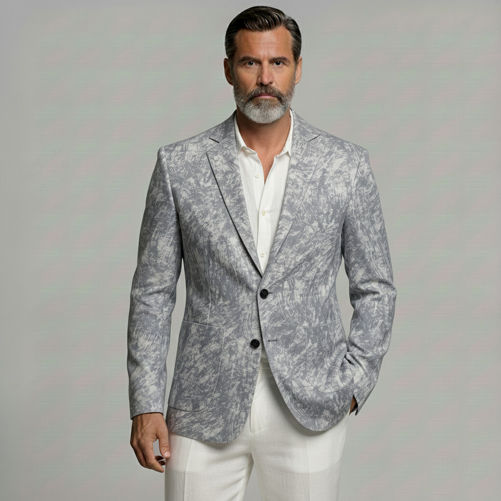 Men's Business Casual Gray Texture Pattern Patch Pocket Single Breasted Notched Lapel Blazer