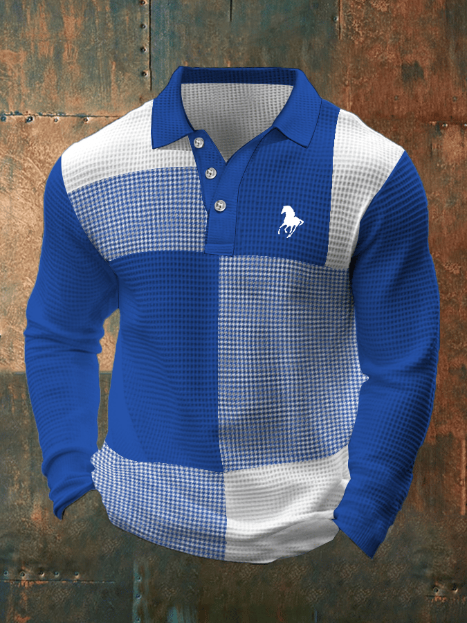 Men's Business Casual Waffle Fabric Long Sleeve Polo Shirt