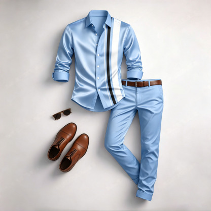 Men's Casual Light Blue Color Matching Geometric Printed Long Sleeved Shirt & Trousers Two-Piece Set