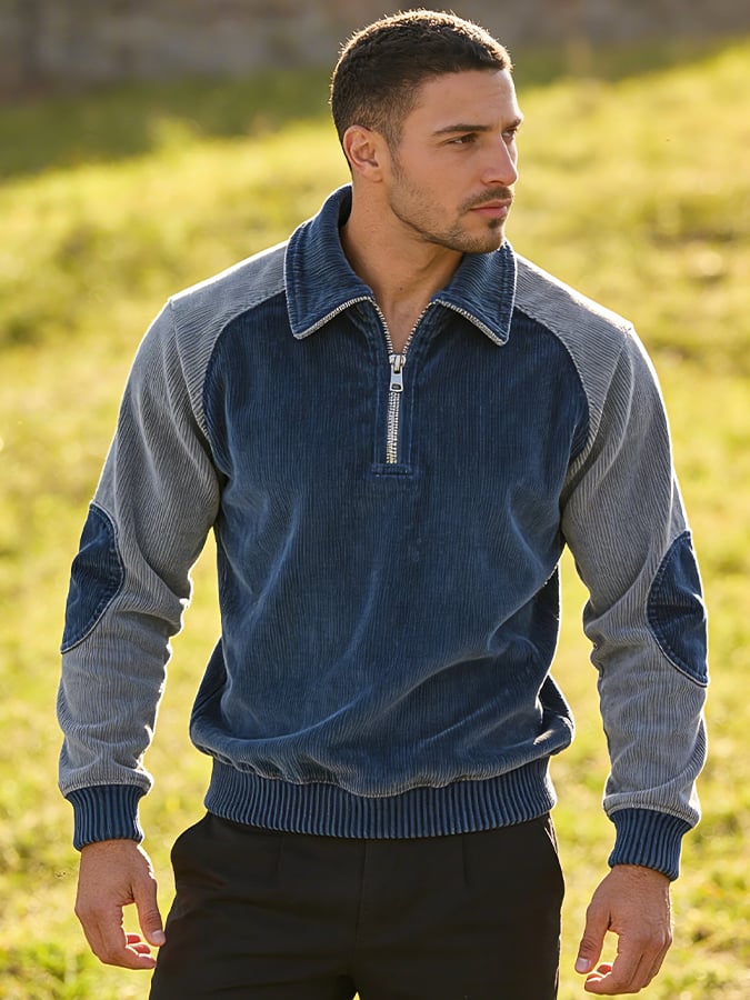 Men's Vintage Corduroy Color-Block Zip-Up Long-Sleeved Sweatshirt
