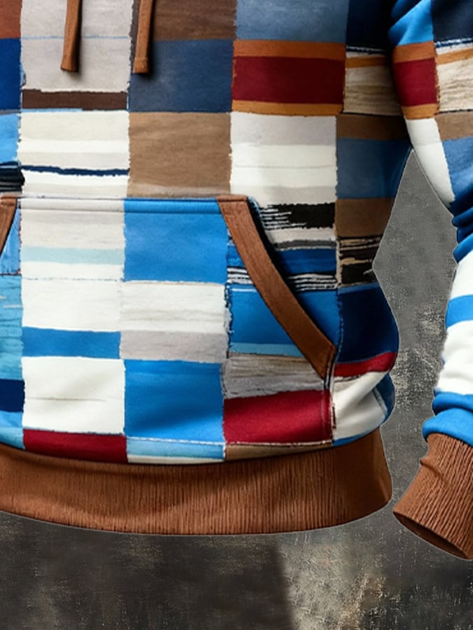 Men's Retro Distressed Color Block Print Casual Long Sleeve Sweatshirt