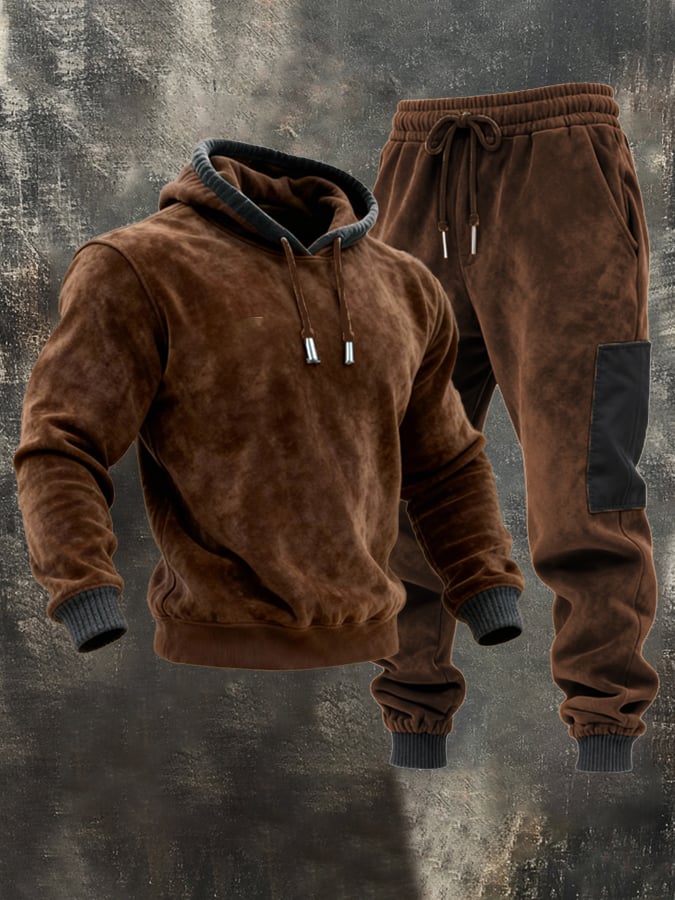 Men's Retro Velvet Contrast Hooded Casual Sweatshirt Set