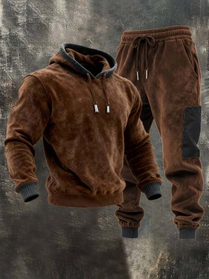 Men's Retro Velvet Contrast Hooded Casual Sweatshirt Set