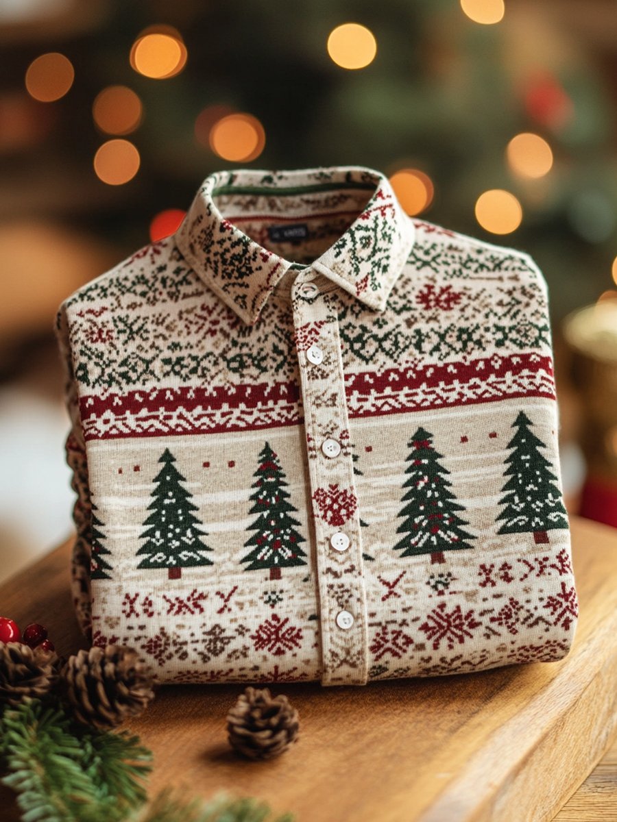 Men's Business Christmas Tree Striped Long Sleeve Shirt