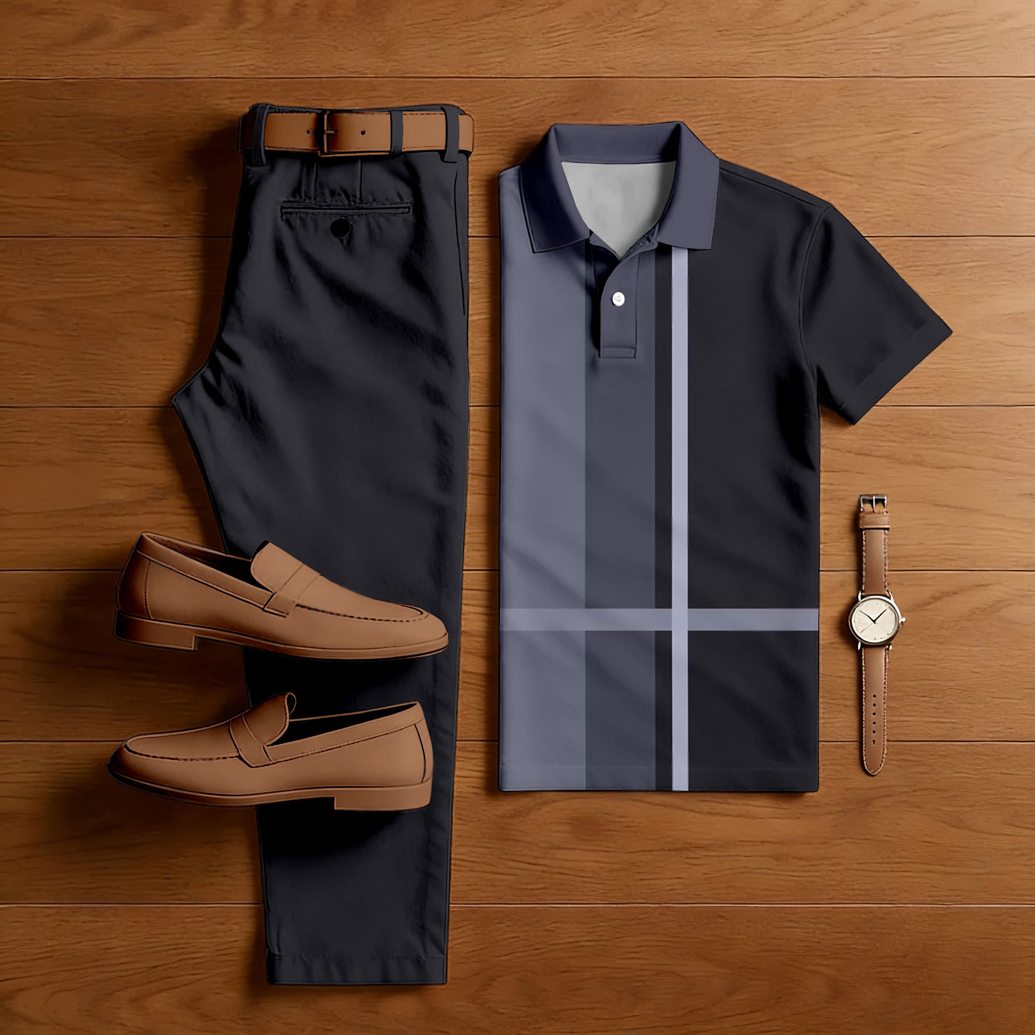 Men's Casual Dark Gray Color Matching Geometric Printed Short Sleeved Polo Shirt & Trousers Two-Piece Set
