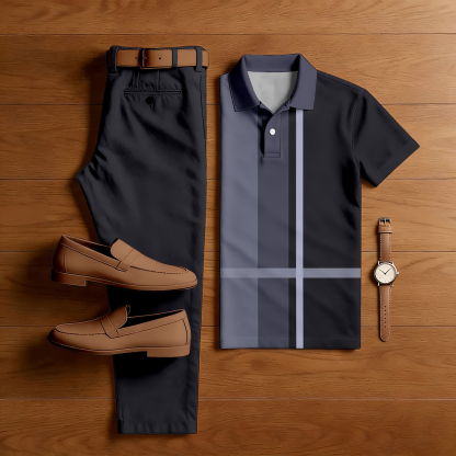 Men's Casual Dark Gray Color Matching Geometric Printed Short Sleeved Polo Shirt & Trousers Two-Piece Set