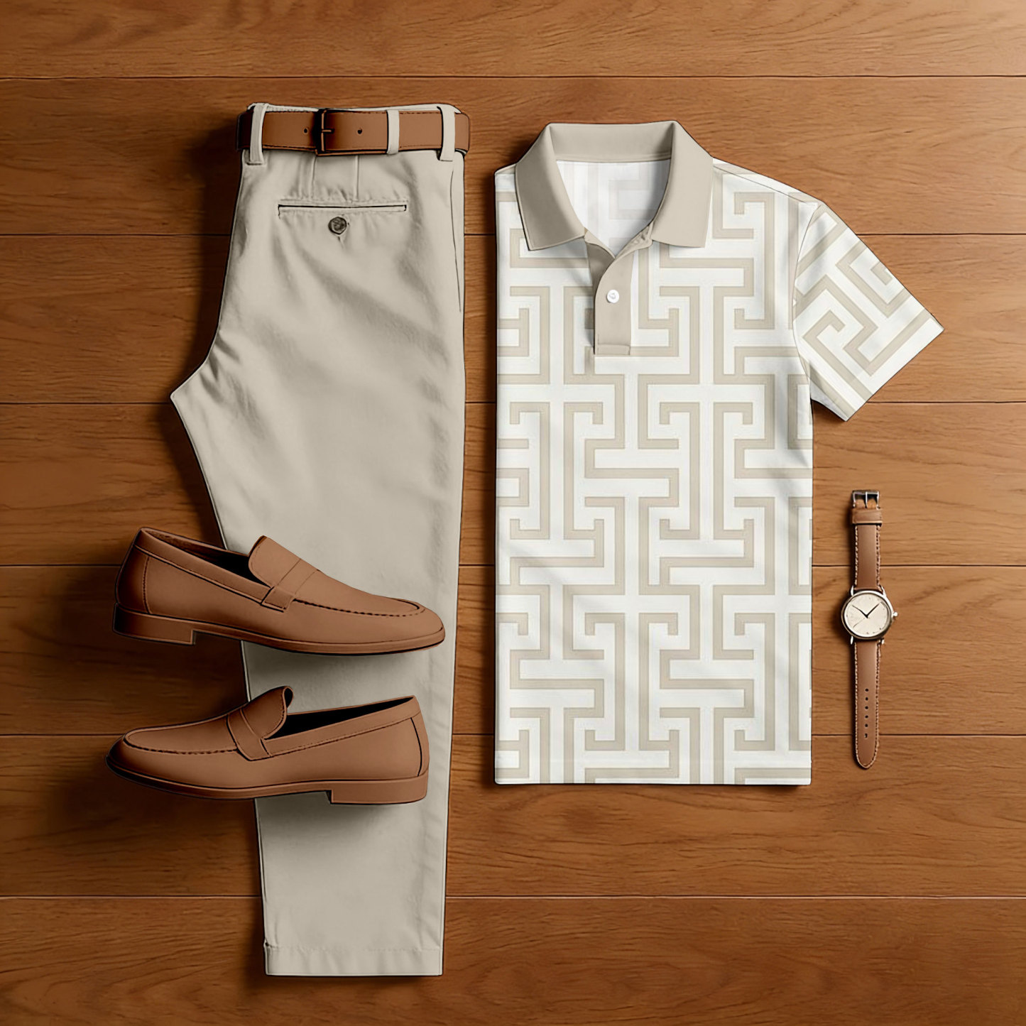 Men's Casual Khaki & Beige Color Matching Printed Short Sleeved Polo Shirt & Trousers Two-Piece Set