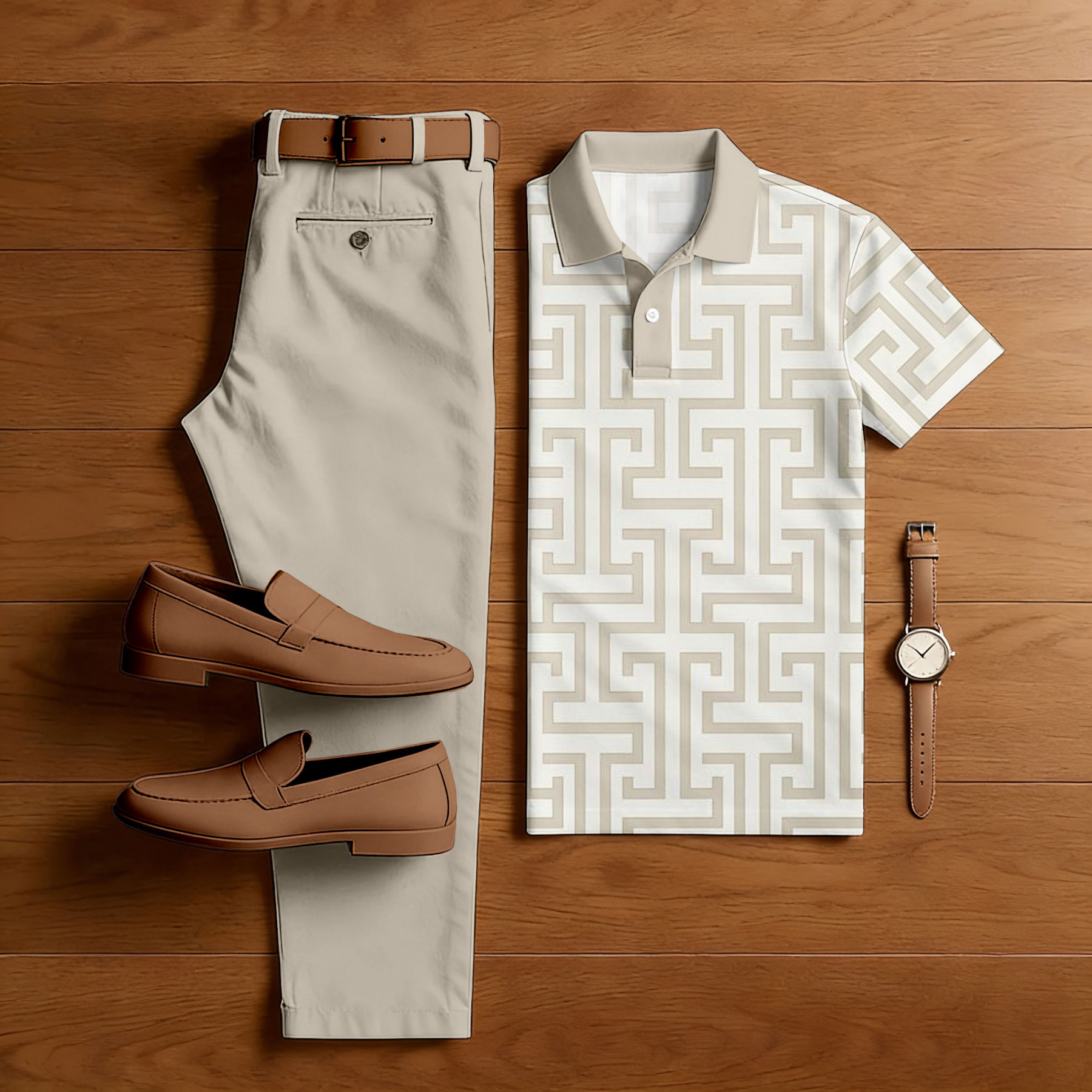 Men's Casual Khaki & Beige Color Matching Printed Short Sleeved Polo Shirt & Trousers Two-Piece Set