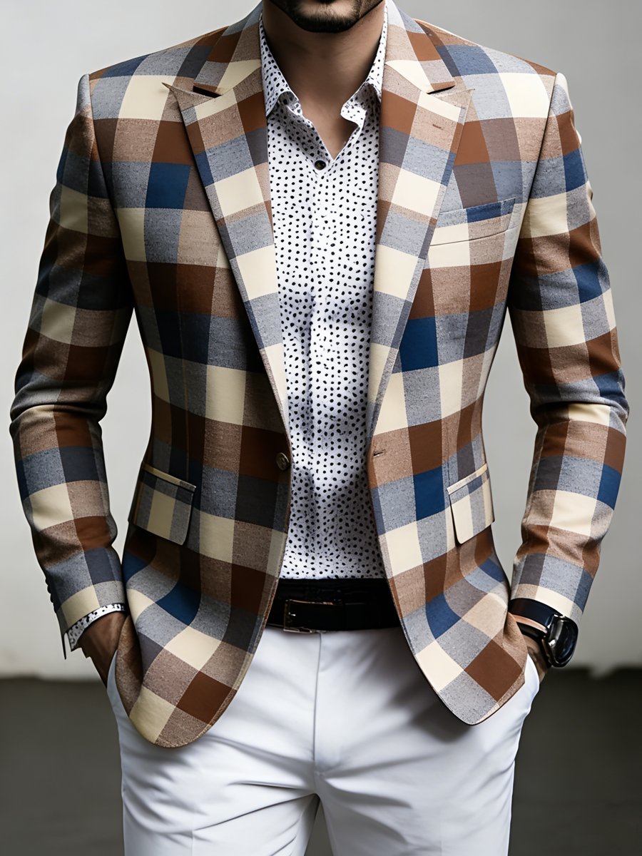 Men's Luxury Business Plaid Print Suit Jacket