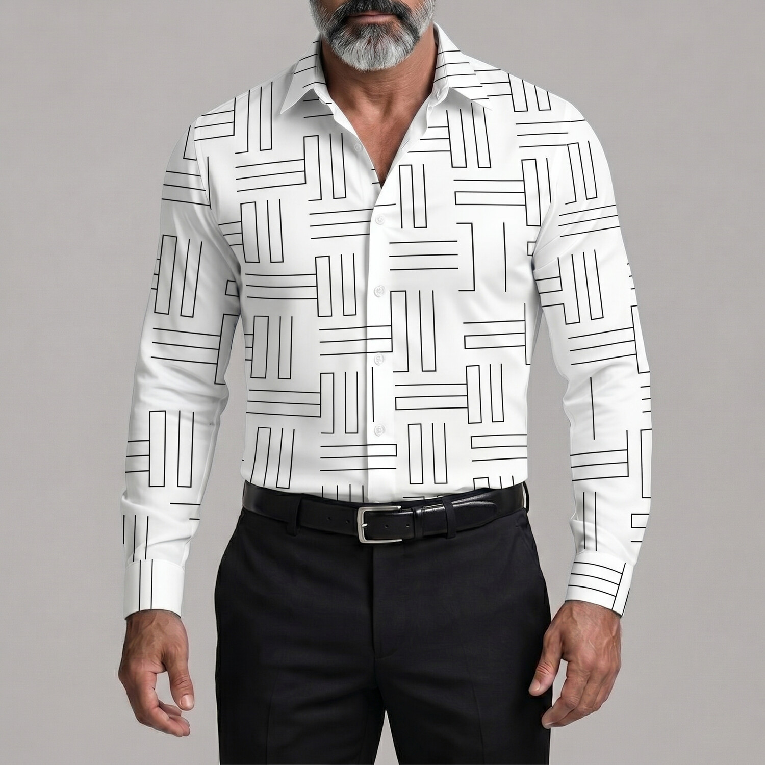 Men's Fashion Geometric Lines Print Button Up Business Casual Shirt