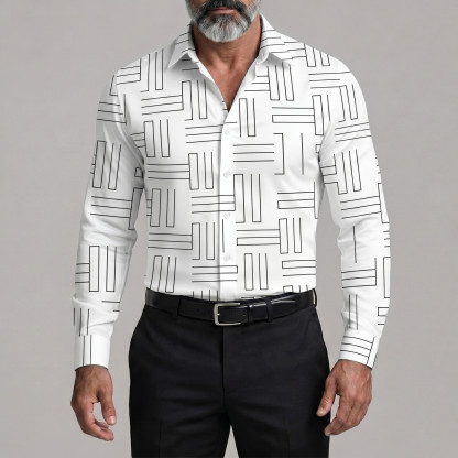Men's Fashion Geometric Lines Print Button Up Business Casual Shirt