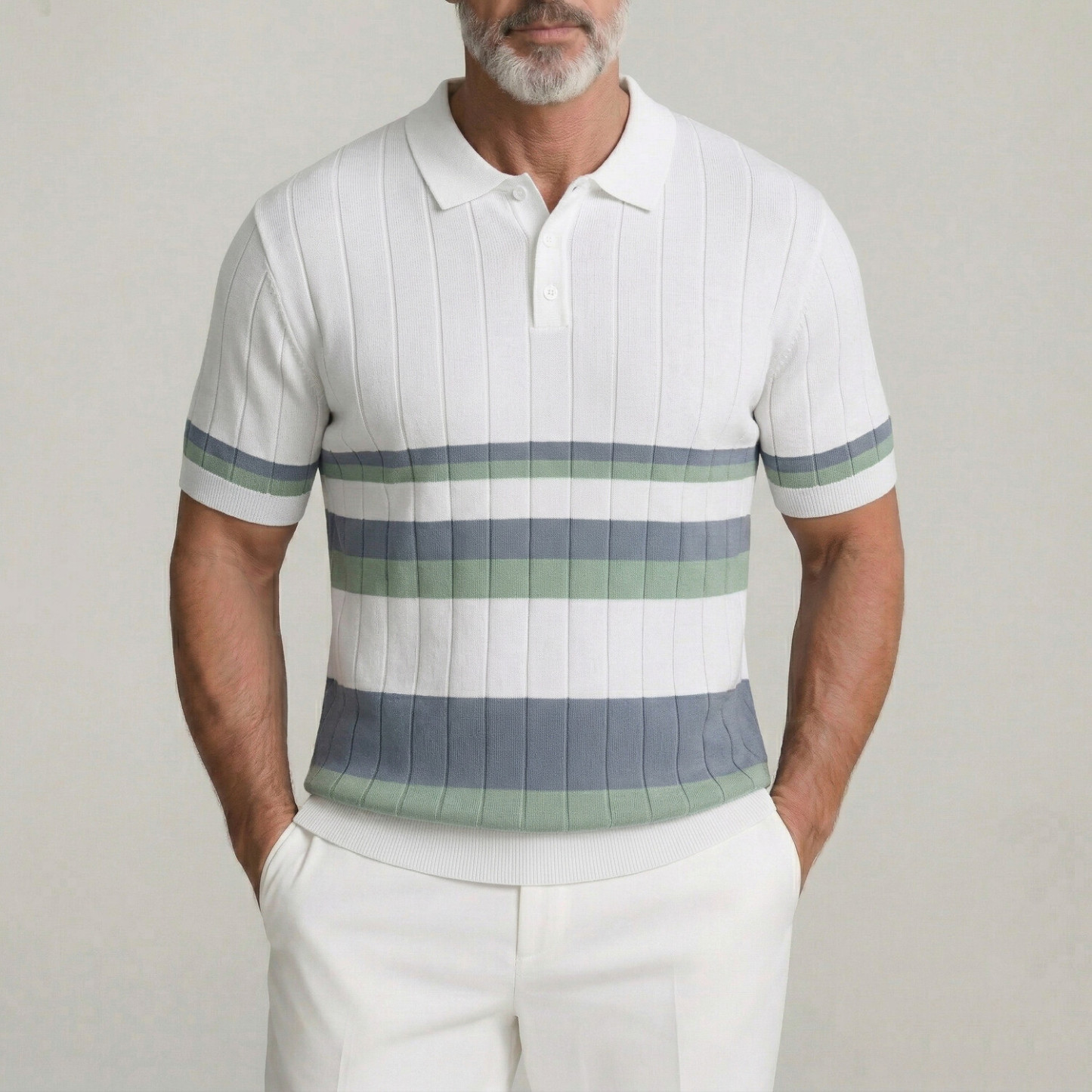 Men's White Contrast Striped Ribbed Knit Business Casual Polo Shirt