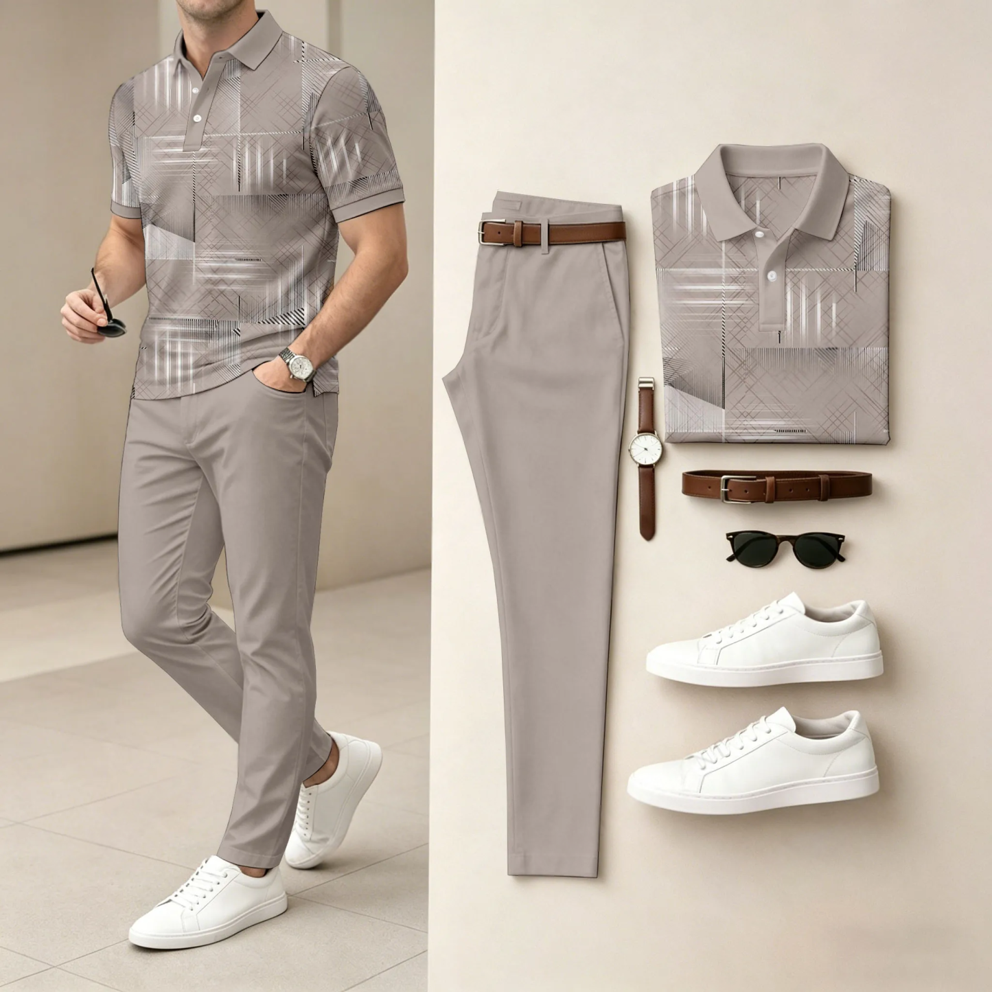 Men's Casual Printed Polo Shirt And Pants Two-Piece Set