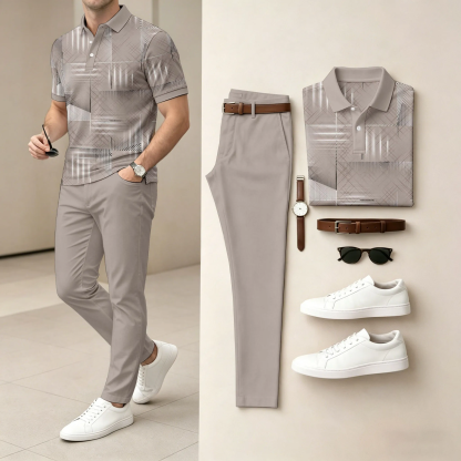 Men's Casual Printed Polo Shirt And Pants Two-Piece Set