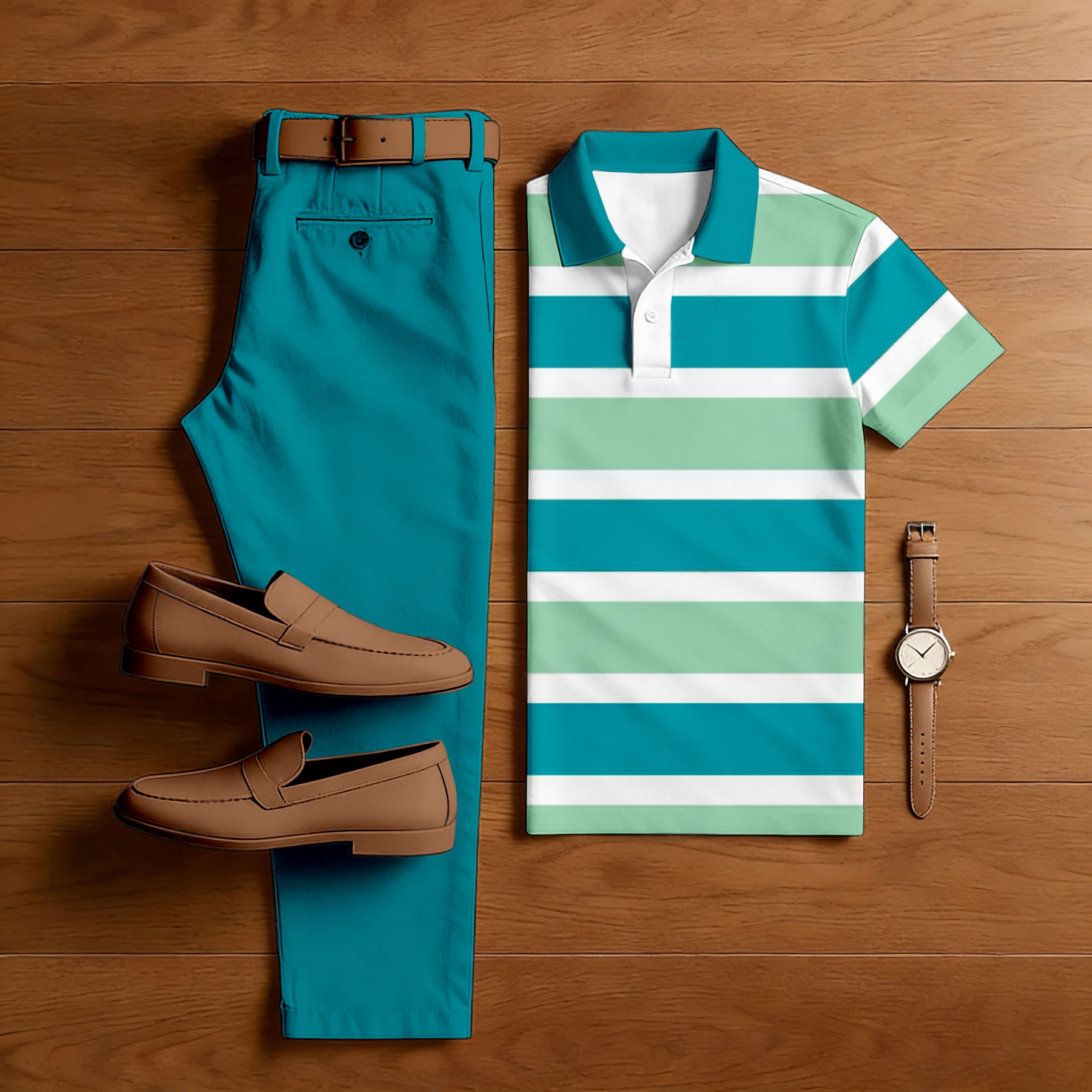 Men's Casual Green & White Color Matching Striped Printed Short Sleeved Polo Shirt & Trousers Two-Piece Set