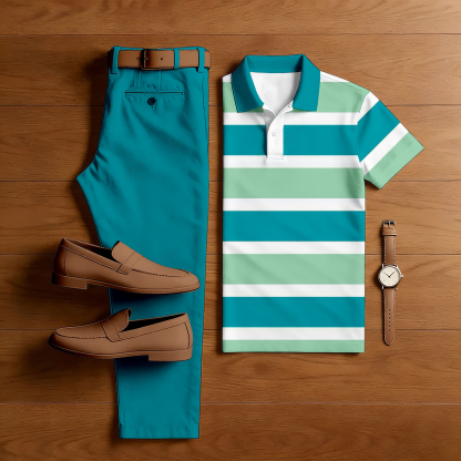 Men's Casual Green & White Color Matching Striped Printed Short Sleeved Polo Shirt & Trousers Two-Piece Set