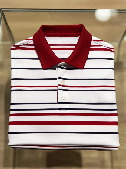 Men's Business Casual Striped Button Short Sleeve Polo Shirt