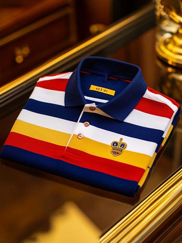 Men's Retro Business Stripe Print Long Sleeve Polo Shirt