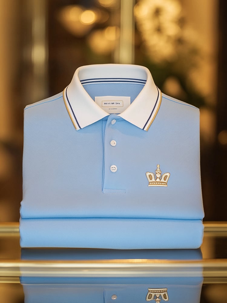 Men's Classic Business Check Logo Button Short Sleeve Polo Shirt