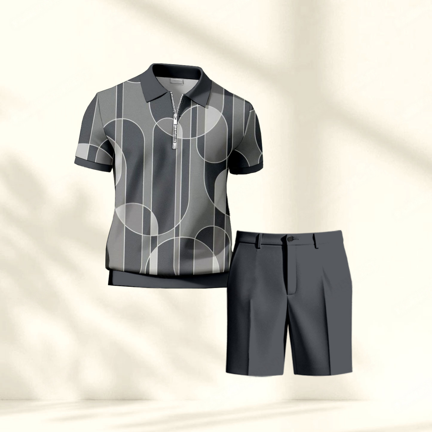 Men's Casual Dark Gray Geometry Printed Polo Shirt And Pants Two-Piece Set