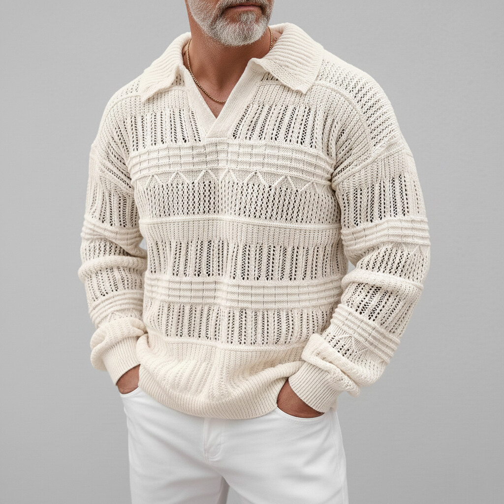 Men's Casual Solid Shirt Collar Hollow Out Crochet Long Sleeve Sweaters