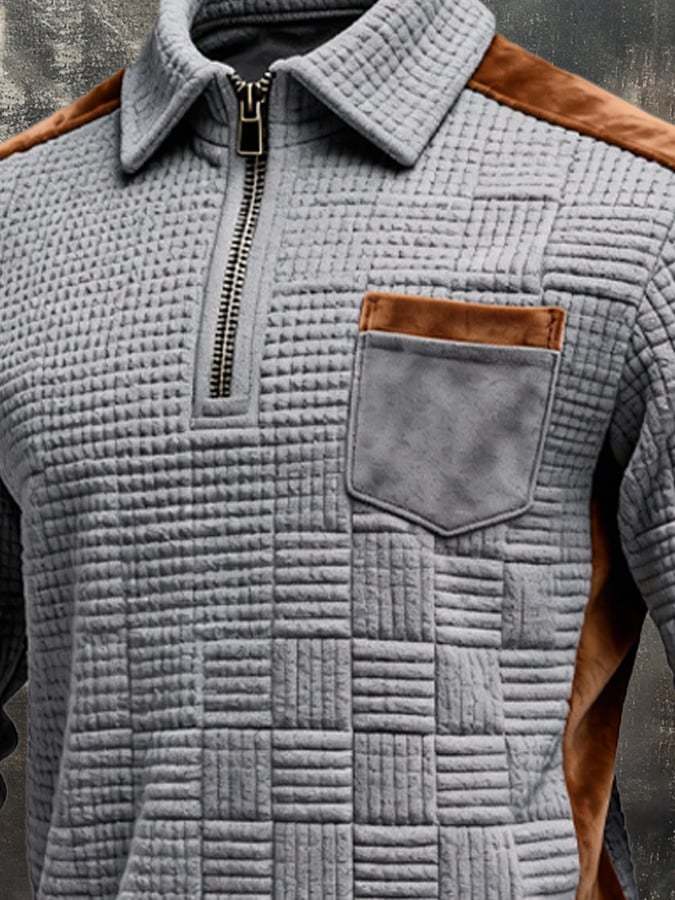 Men's Retro Jacquard Textured Patchwork Comfortable Color-Blocked Zip-Up Sweatshirt