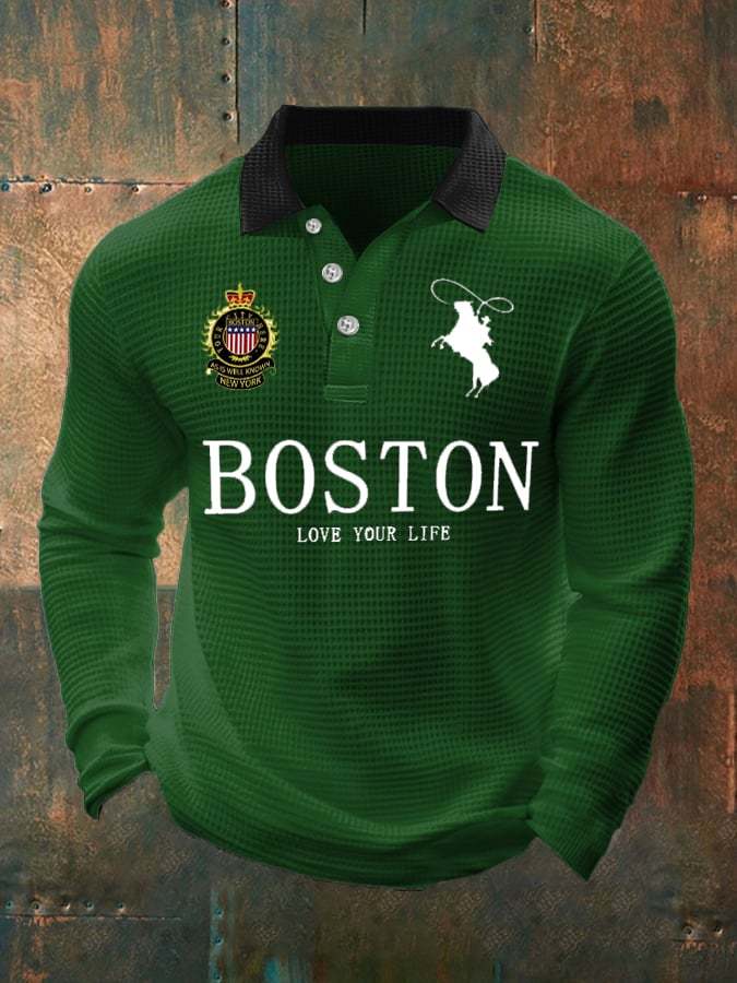 Men's Retro Business Casual Waffle Fabric Long Sleeve Polo Shirt